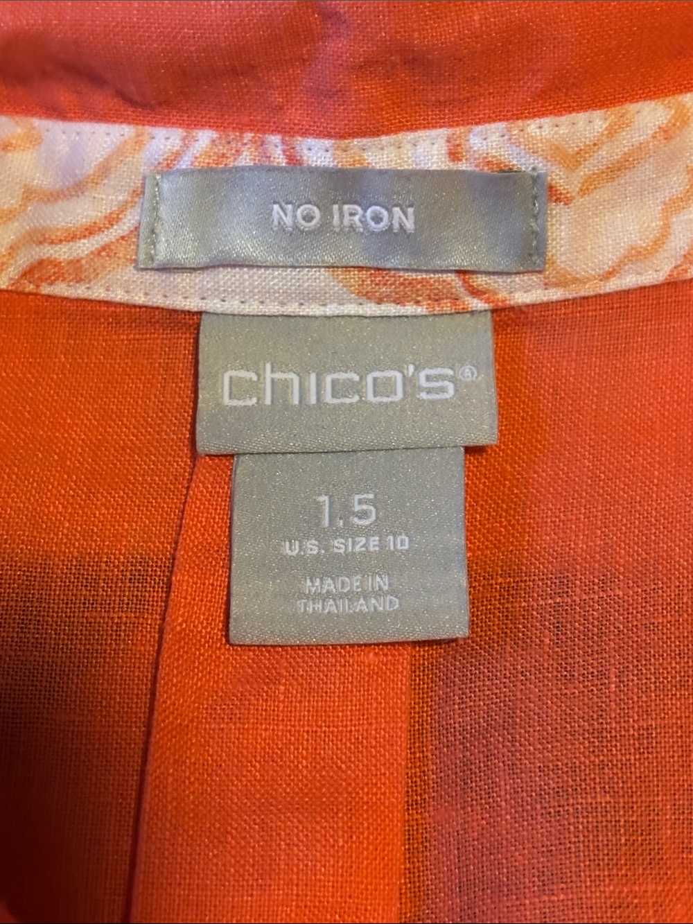 Chico’s Coral Button-Up Linen Shirt with Patterned Placket No Iron.  Size 1.5/M - Picture 10 of 12
